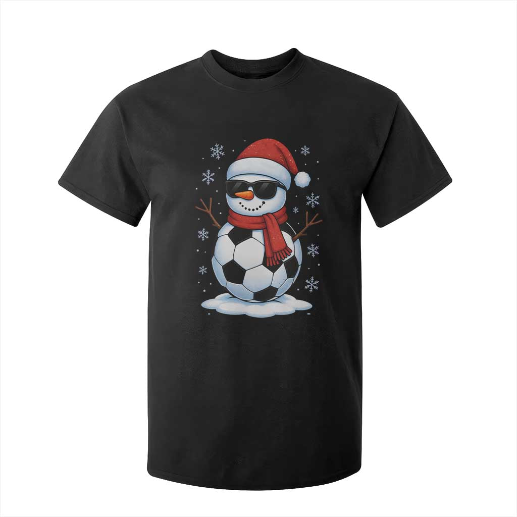 Christmas Soccer Snowman T Shirt For Kid Snowflakes Holiday Sports Xmas Pajamas Red Santa Hat TS10 Black Print Your Wear
