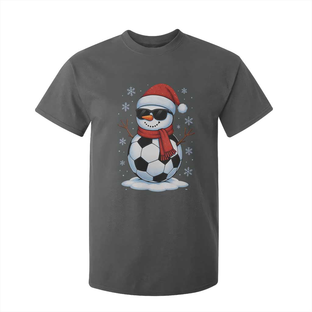Christmas Soccer Snowman T Shirt For Kid Snowflakes Holiday Sports Xmas Pajamas Red Santa Hat TS10 Dark Heather Print Your Wear
