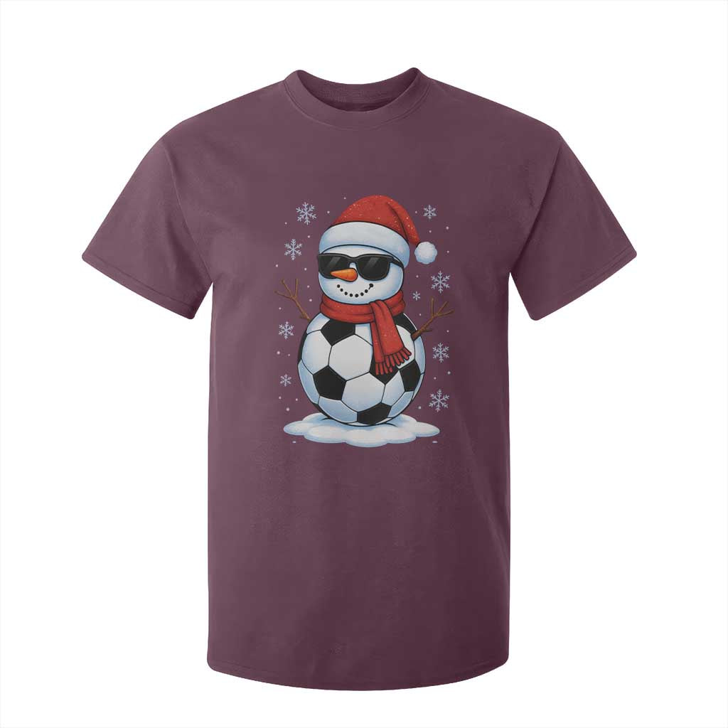 Christmas Soccer Snowman T Shirt For Kid Snowflakes Holiday Sports Xmas Pajamas Red Santa Hat TS10 Maroon Print Your Wear
