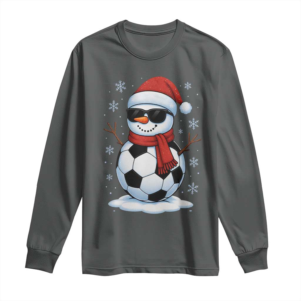 Christmas Soccer Snowman Long Sleeve Shirt Snowflakes Holiday Sports Xmas Pajamas Red Santa Hat TS10 Dark Heather Print Your Wear