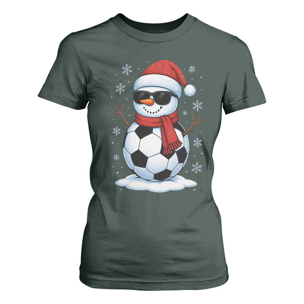 Christmas Soccer Snowman T Shirt For Women Snowflakes Holiday Sports Xmas Pajamas Red Santa Hat TS10 Dark Forest Green Print Your Wear