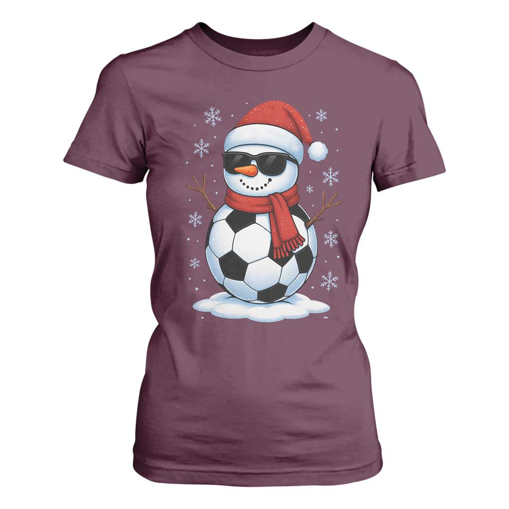 Christmas Soccer Snowman T Shirt For Women Snowflakes Holiday Sports Xmas Pajamas Red Santa Hat TS10 Maroon Print Your Wear