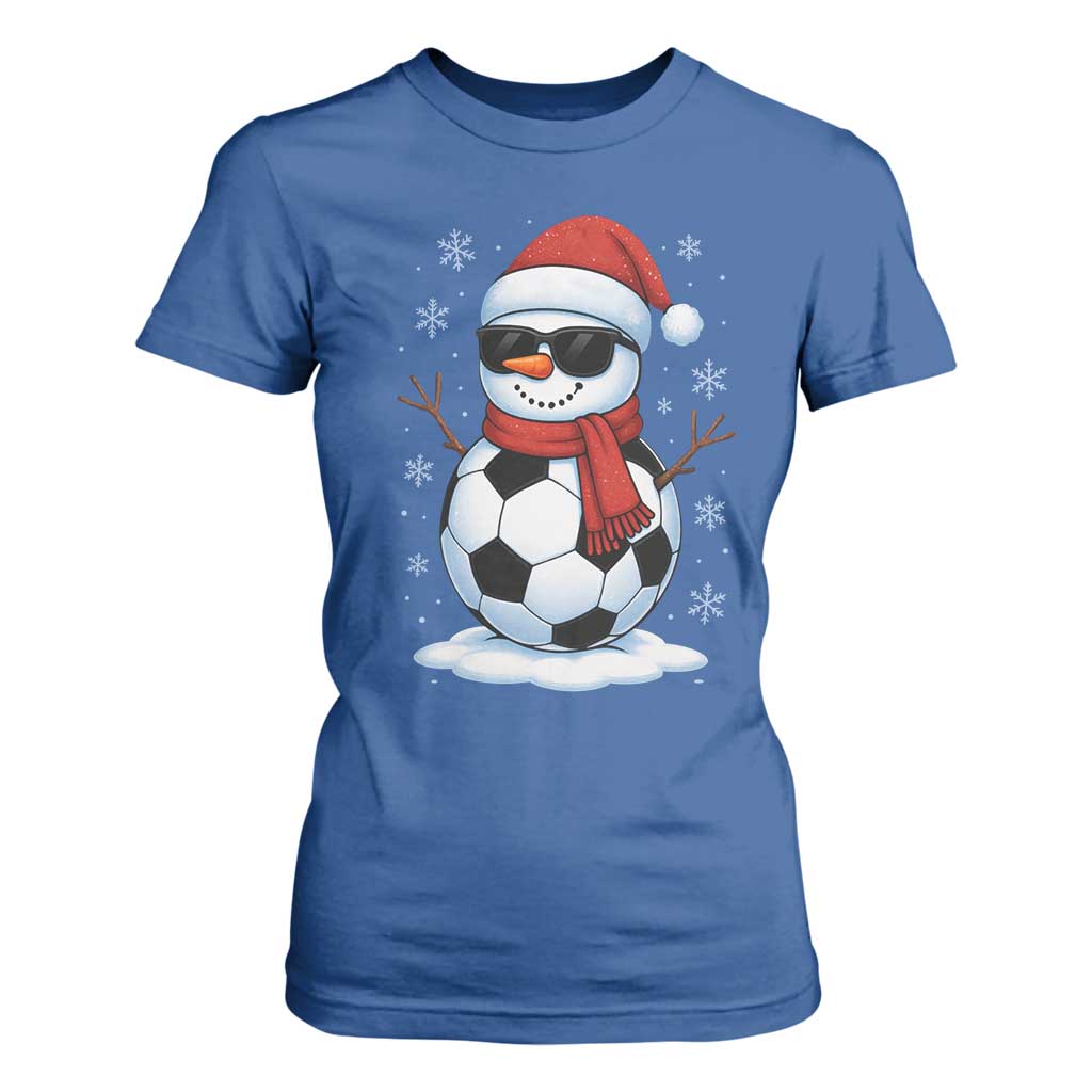 Christmas Soccer Snowman T Shirt For Women Snowflakes Holiday Sports Xmas Pajamas Red Santa Hat TS10 Royal Blue Print Your Wear