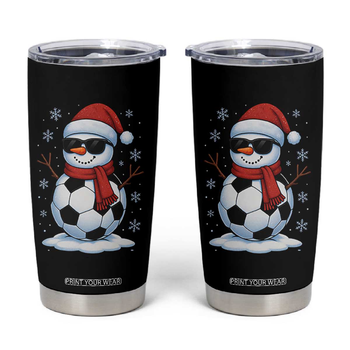 Christmas Soccer Snowman Tumbler Cup Snowflakes Holiday Sports Xmas Pajamas Red Santa Hat TS10 Black Print Your Wear