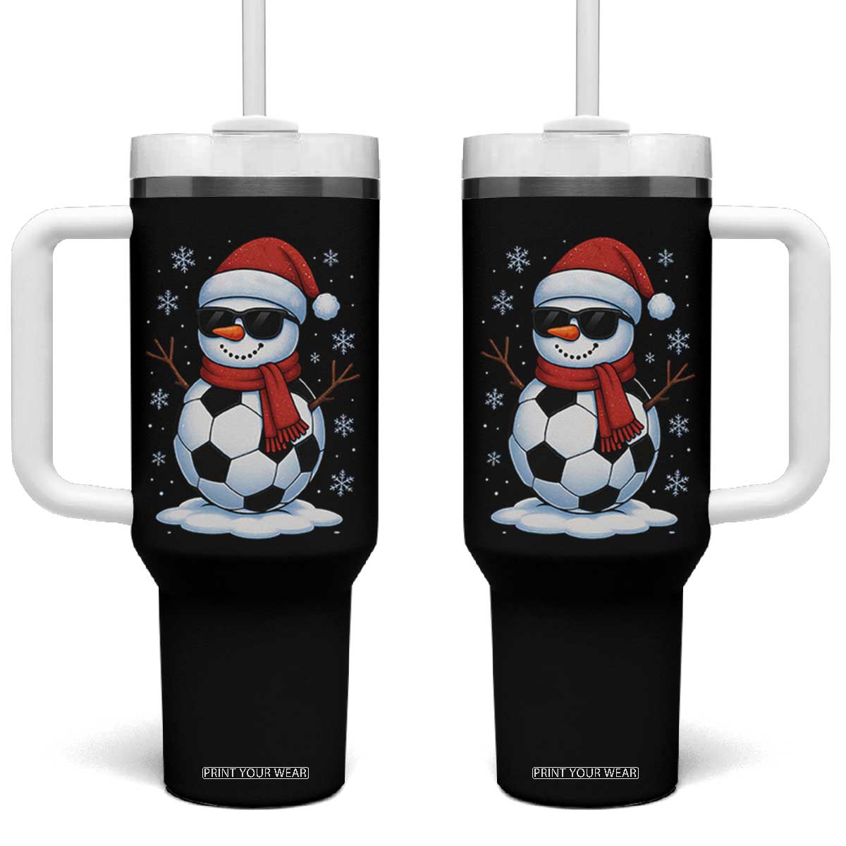 Christmas Soccer Snowman Tumbler With Handle Snowflakes Holiday Sports Xmas Pajamas Red Santa Hat TS10 One Size: 40 oz Black Print Your Wear