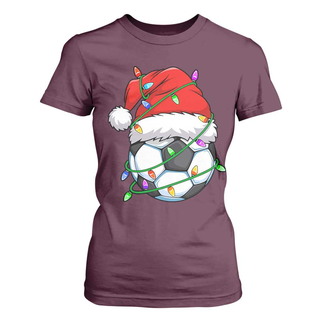 Soccer Christmas T Shirt For Women Santa Hat Sports Xmas Pajamas TS10 Maroon Print Your Wear