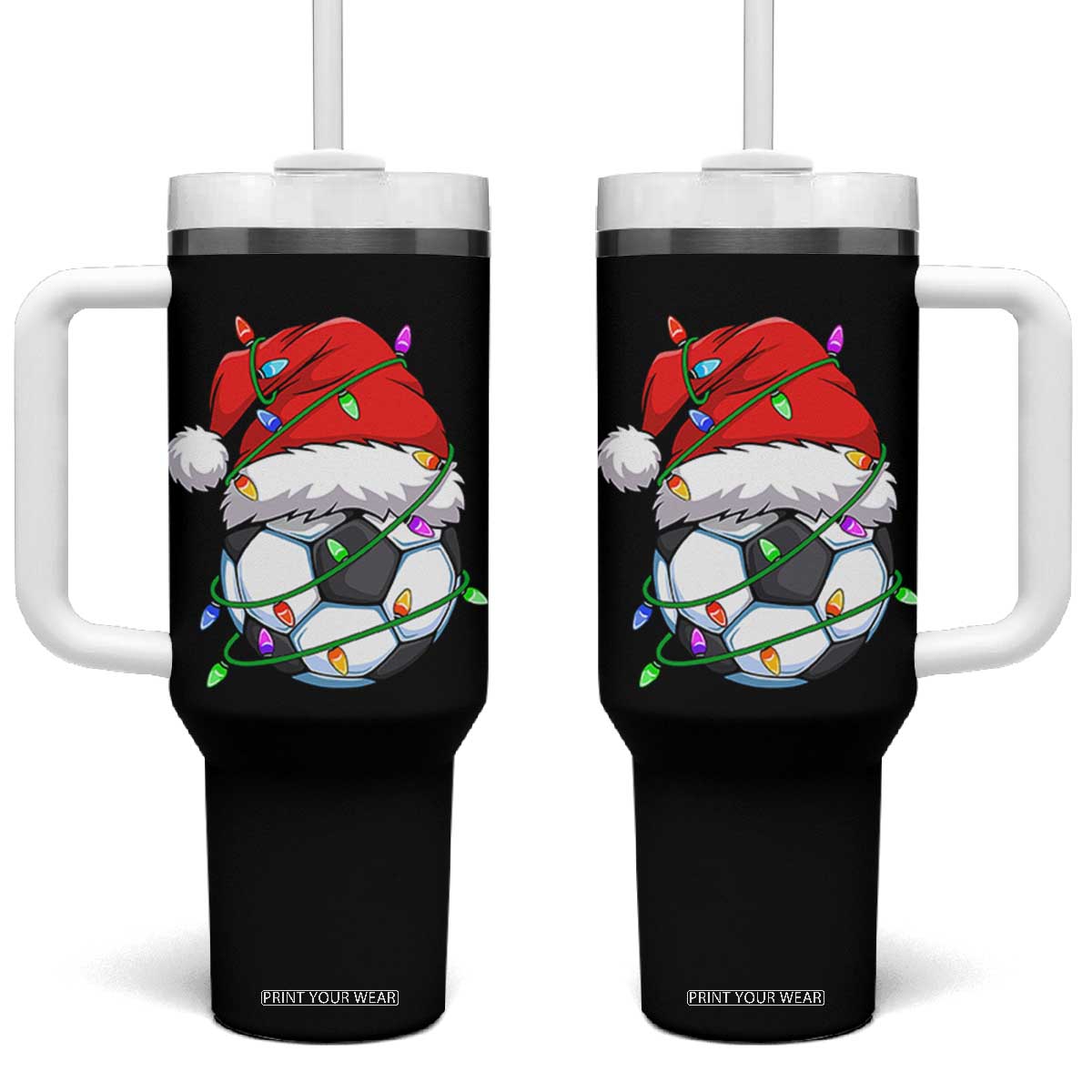 Soccer Christmas Tumbler With Handle Santa Hat Sports Xmas Pajamas TS10 One Size: 40 oz Black Print Your Wear