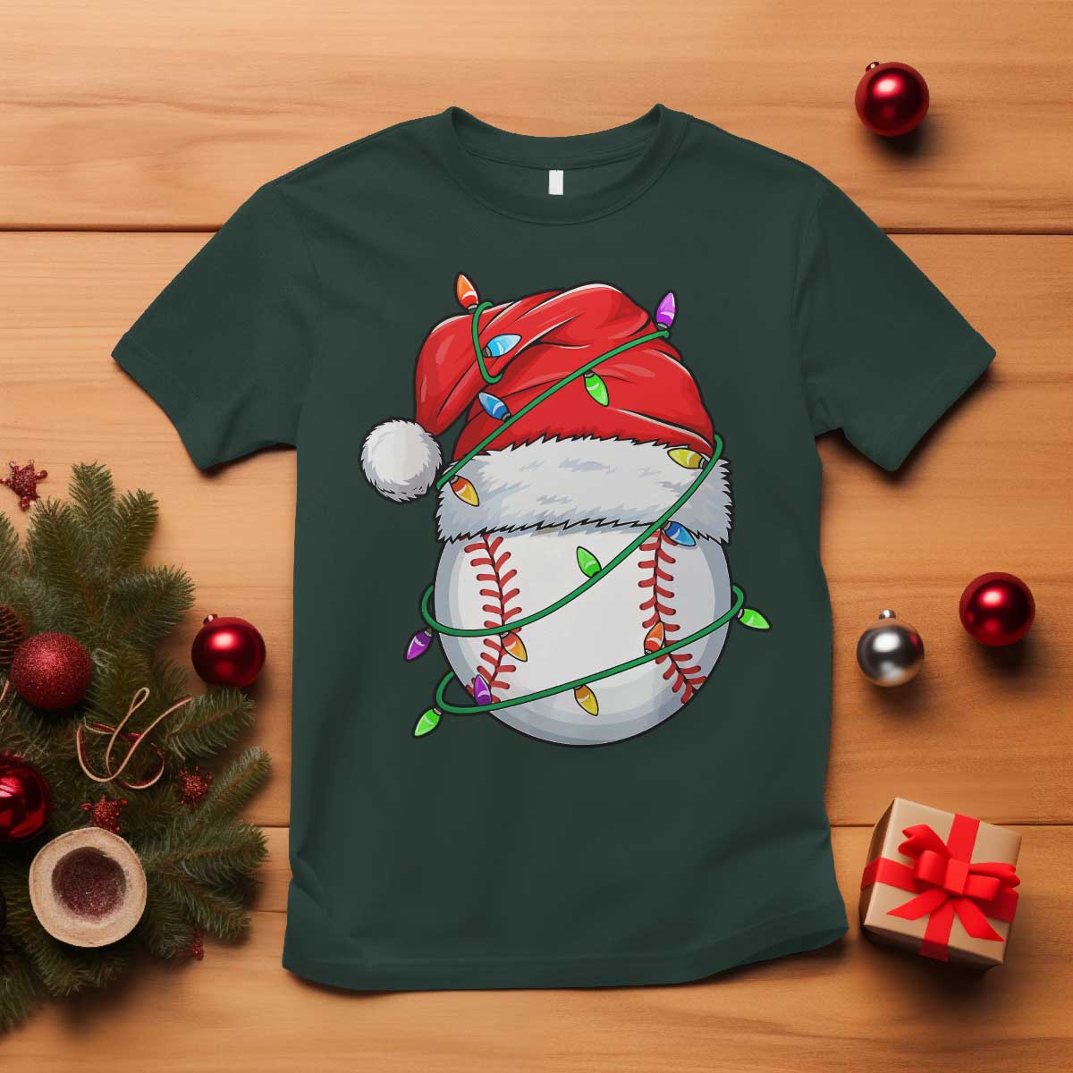 Christmas Baseball T Shirt Santa Hat Sports Men Boys Xmas Pajamas TS10 Dark Forest Green Print Your Wear