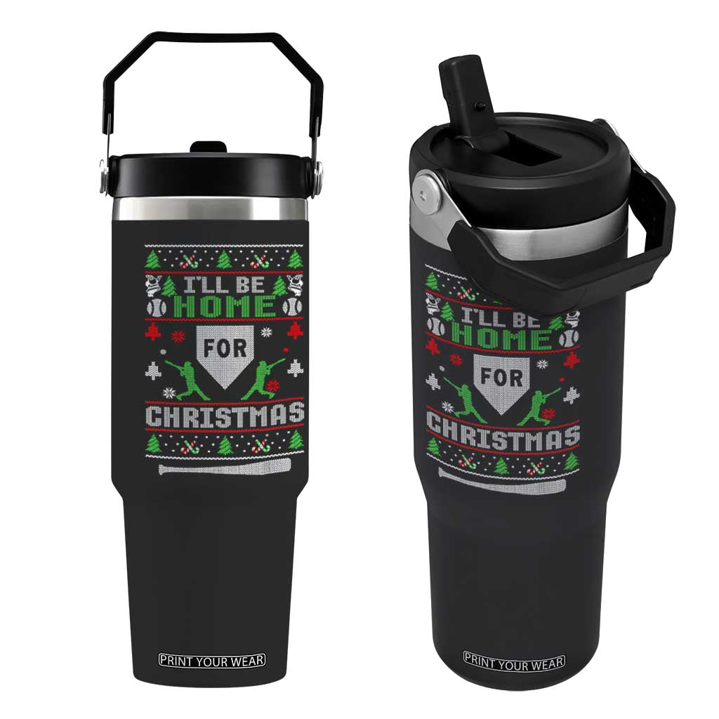 Baseball Ugly Christmas Flip Straw Tumbler I'll Be Home For Xmas TS10 One Size: 30 oz Black Print Your Wear