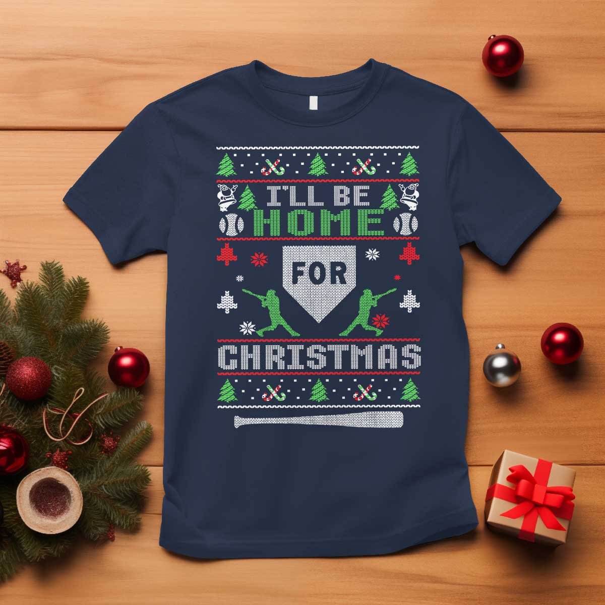 Baseball Ugly Christmas T Shirt I'll Be Home For Xmas TS10 Navy Print Your Wear