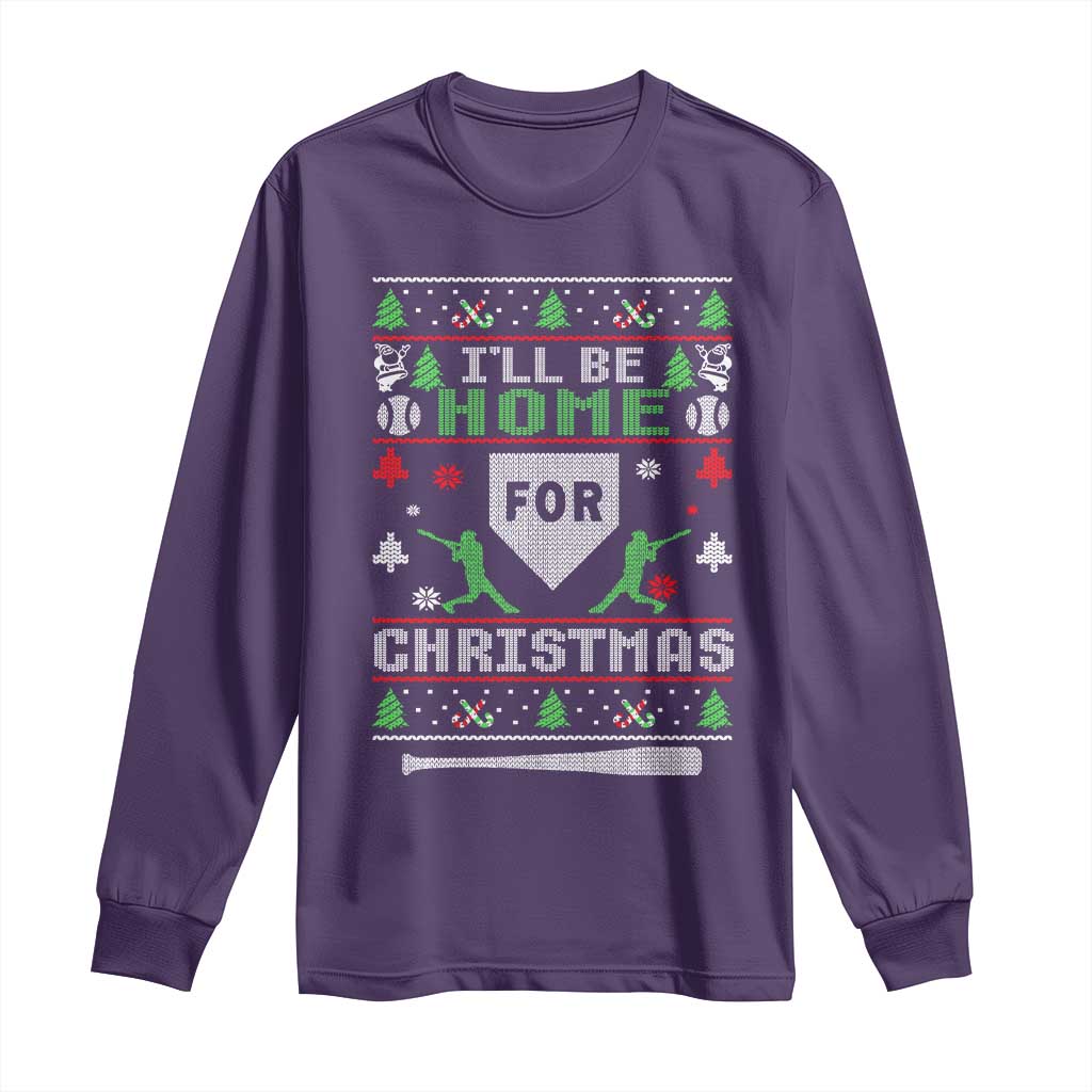Baseball Ugly Christmas Long Sleeve Shirt I'll Be Home For Xmas TS10 Purple Print Your Wear
