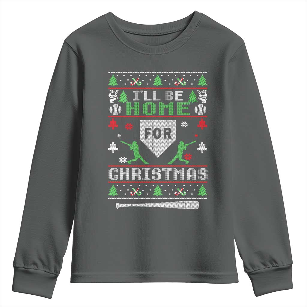 Baseball Ugly Christmas Youth Sweatshirt I'll Be Home For Xmas TS10 Dark Heather Print Your Wear