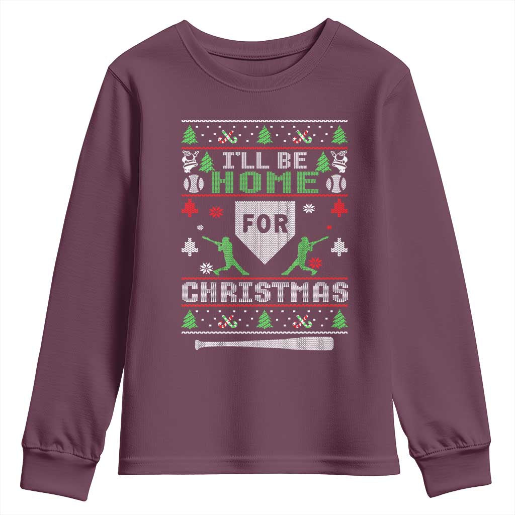 Baseball Ugly Christmas Youth Sweatshirt I'll Be Home For Xmas TS10 Maroon Print Your Wear