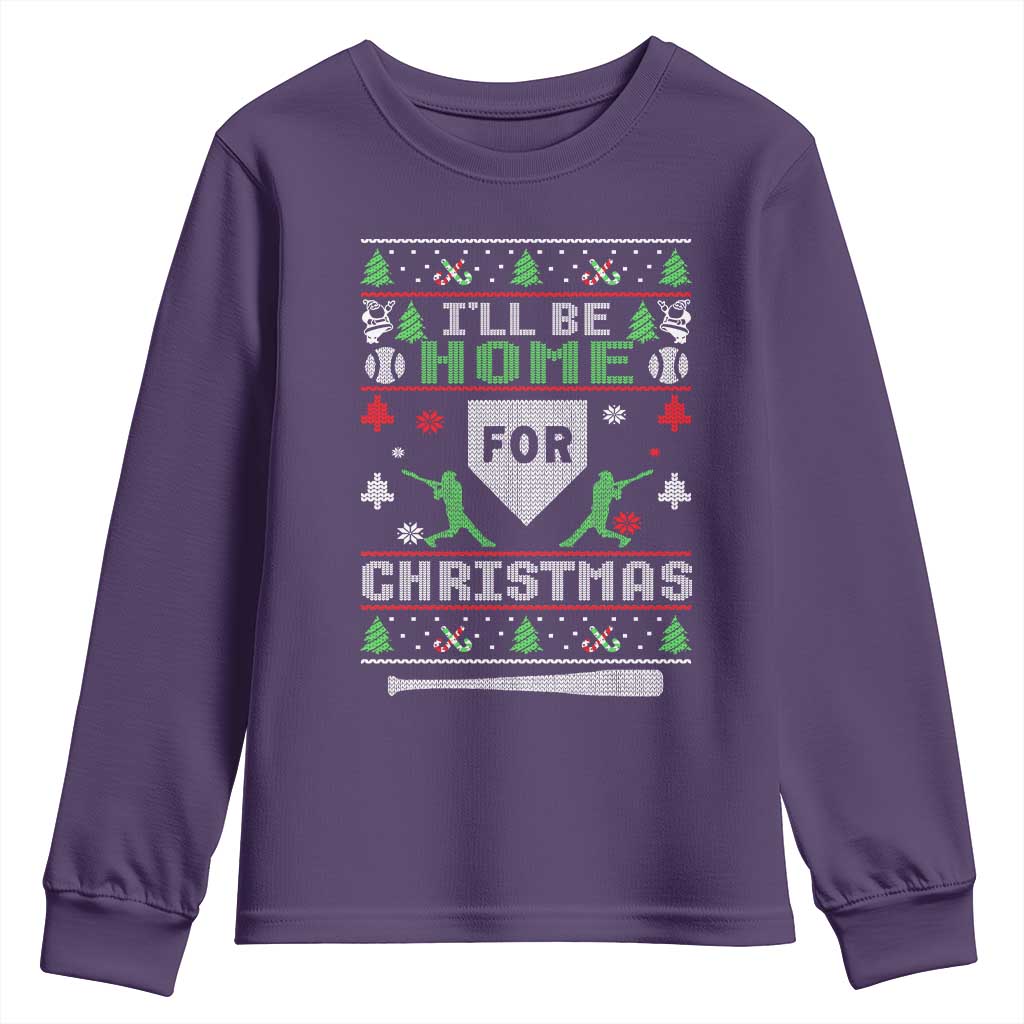 Baseball Ugly Christmas Youth Sweatshirt I'll Be Home For Xmas TS10 Purple Print Your Wear