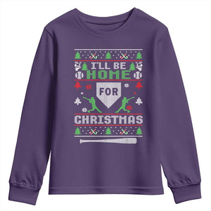 Baseball Ugly Christmas Youth Sweatshirt I'll Be Home For Xmas TS10 Purple Print Your Wear