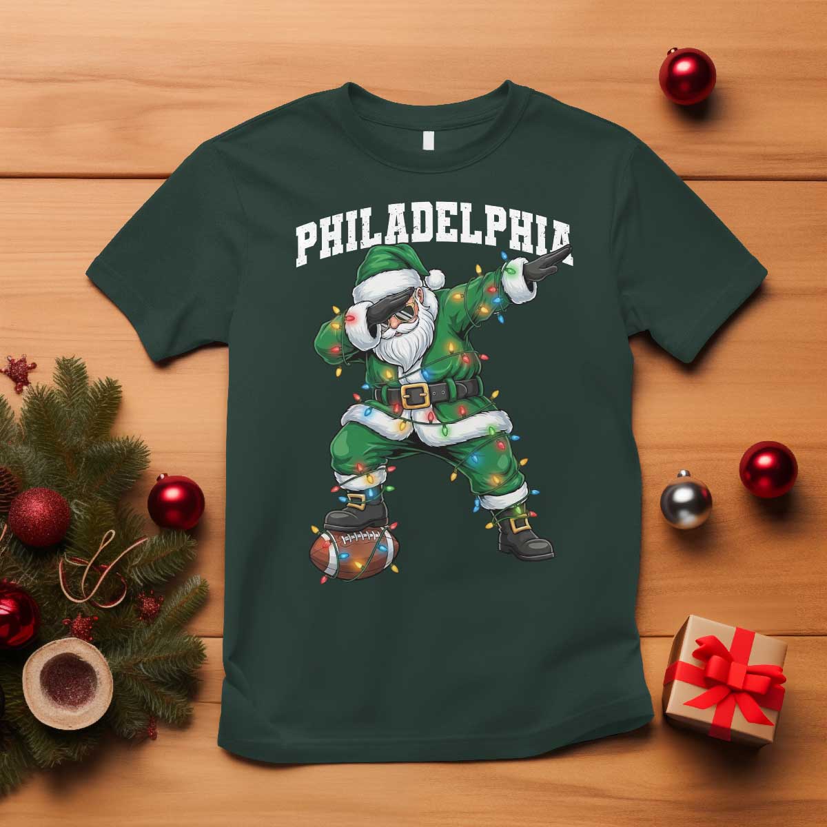 Christmas PFE T Shirt Funny Dabbing Santa Football Lovers Game Day TS10 Dark Forest Green Print Your Wear