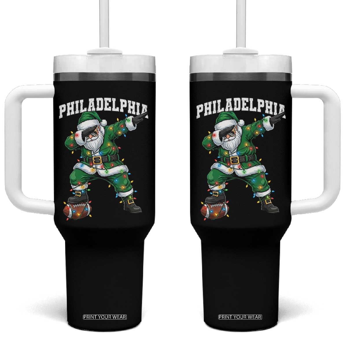 Christmas PFE Tumbler With Handle Funny Dabbing Santa Football Lovers Game Day TS10 One Size: 40 oz Black Print Your Wear
