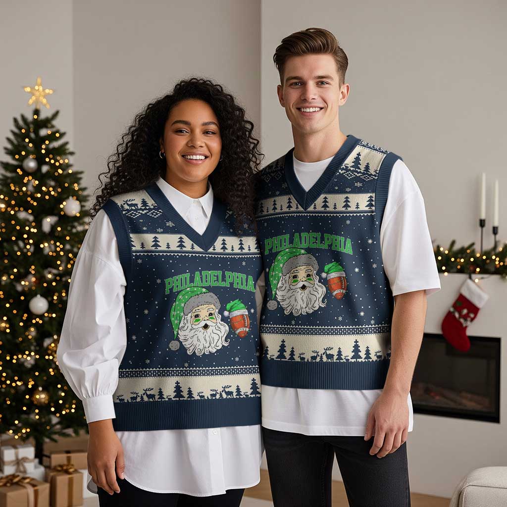 Christmas Santa Philly Lover V-Neck Knit Sweater Vest Funny EF Vintage Football Lovers TS10 Navy Beige Print Your Wear
