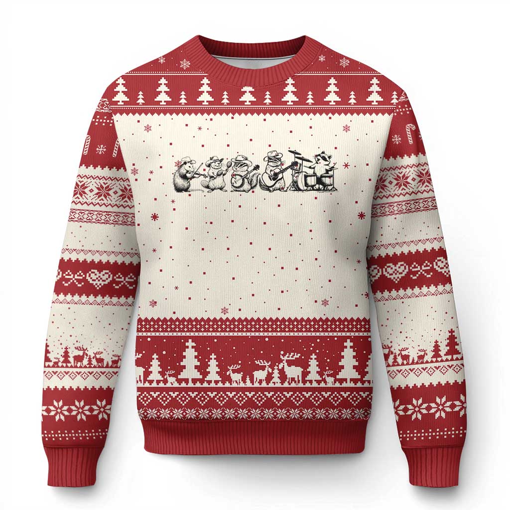 Animal Band Ugly Christmas Sweater Funny Forest Animals Playing Instruments Vintage Music Lovers TS10 Beige Red Print Your Wear
