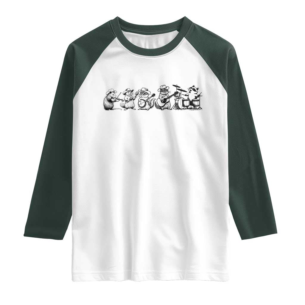 Animal Band Raglan Shirt Funny Forest Animals Playing Instruments Vintage Music Lovers TS10 White Dark Forest Green Print Your Wear