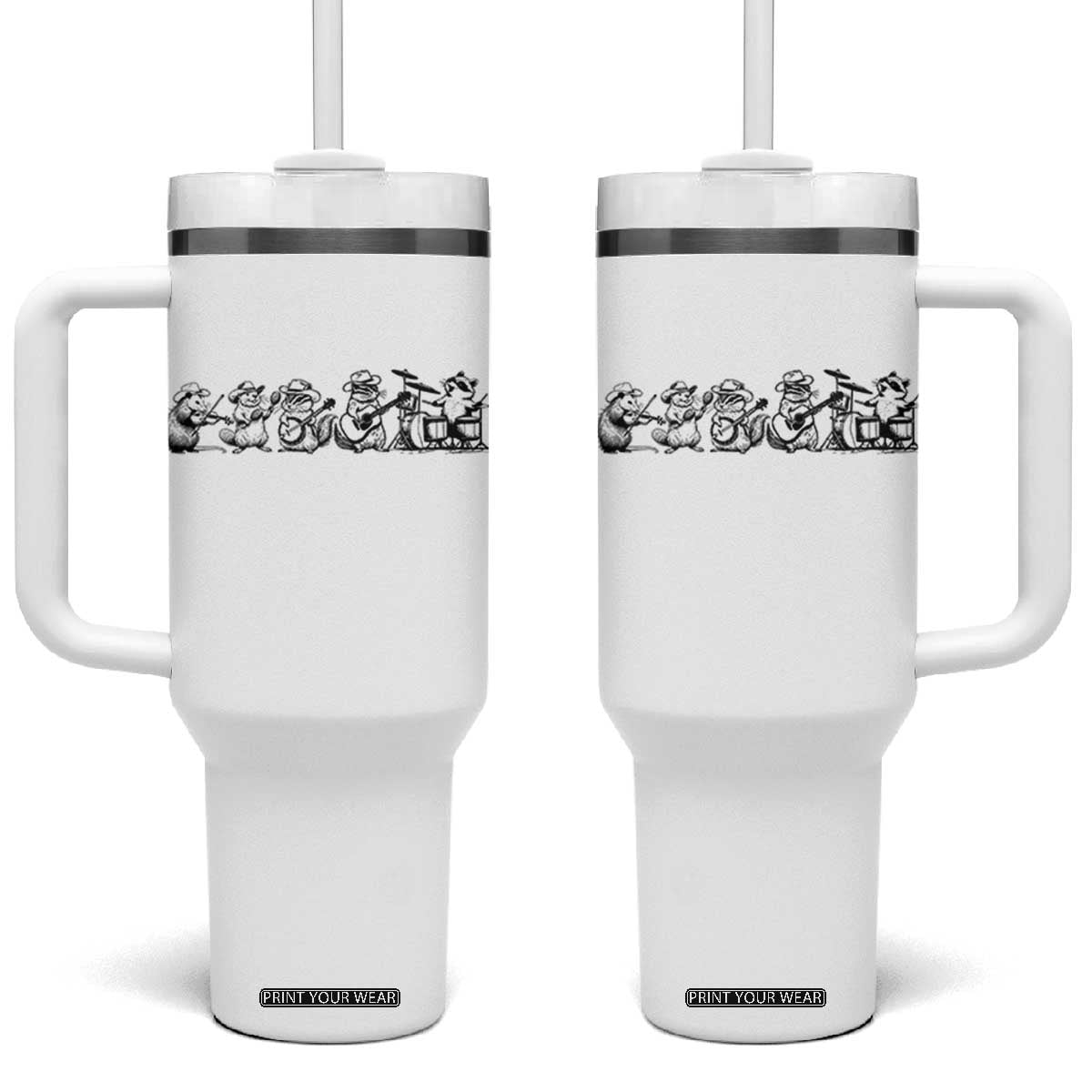 Animal Band Tumbler With Handle Funny Forest Animals Playing Instruments Vintage Music Lovers TS10 One Size: 40 oz White Print Your Wear