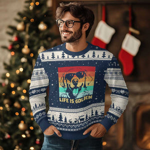 Golden Retriever Dog Ugly Christmas Sweater Life is Golden Retro Vintage TS10 Navy Beige Print Your Wear