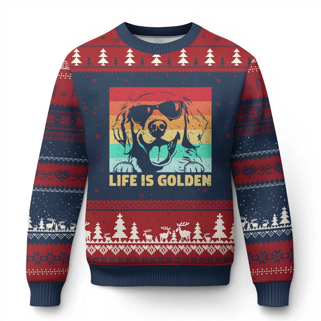Golden Retriever Dog Ugly Christmas Sweater Life is Golden Retro Vintage TS10 Navy Red Print Your Wear