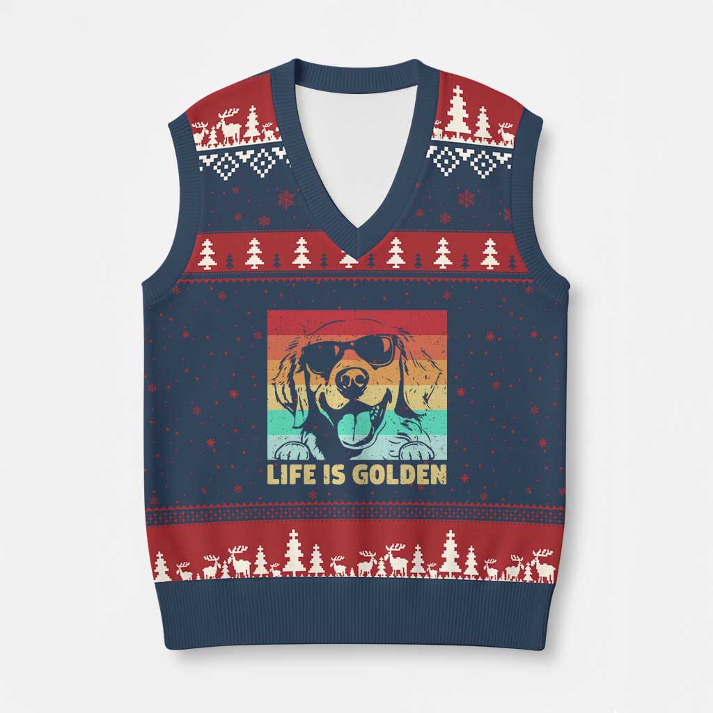 Golden Retriever Dog V-Neck Knit Sweater Vest Life is Golden Retro Vintage TS10 Navy Red Print Your Wear