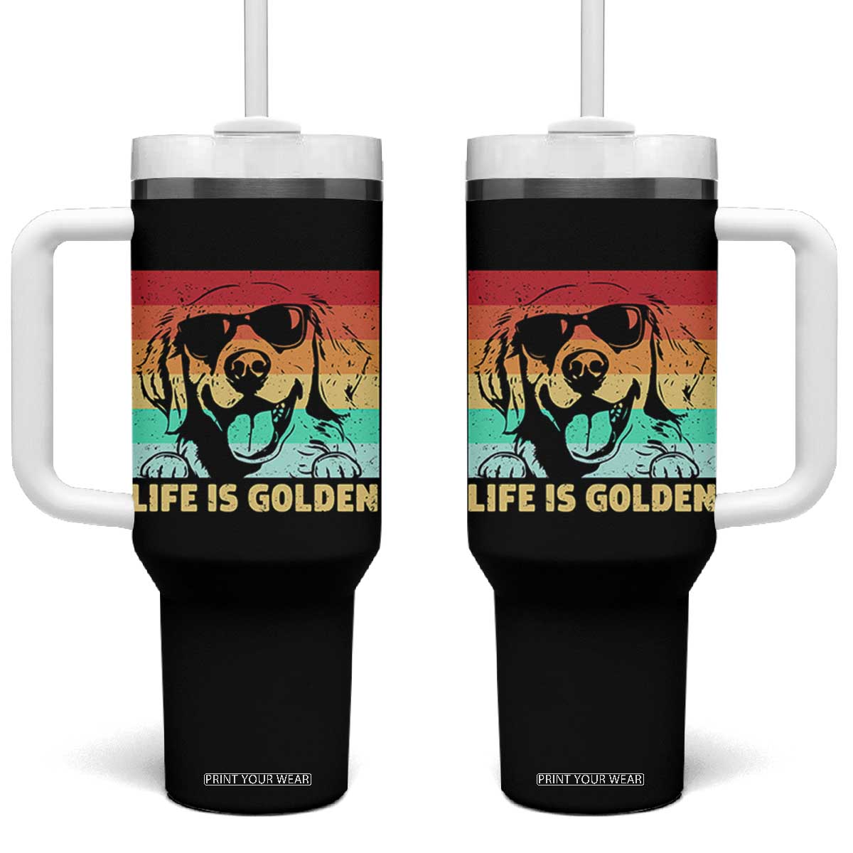 Golden Retriever Dog Tumbler With Handle Life is Golden Retro Vintage TS10 One Size: 40 oz Black Print Your Wear