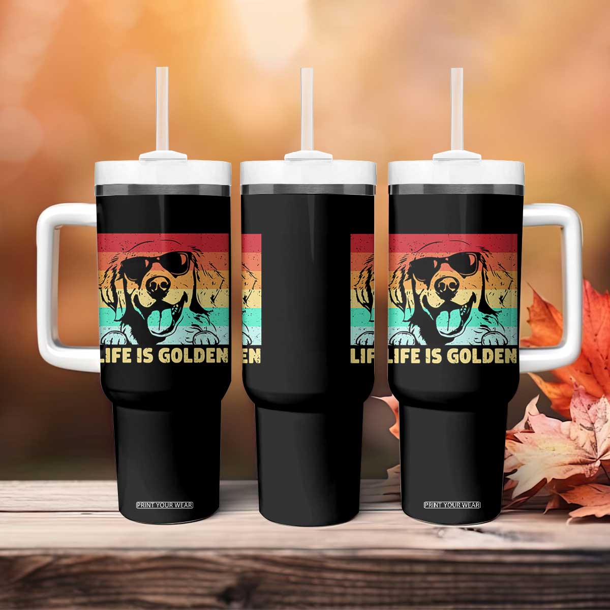 Golden Retriever Dog Tumbler With Handle Life is Golden Retro Vintage TS10 Print Your Wear