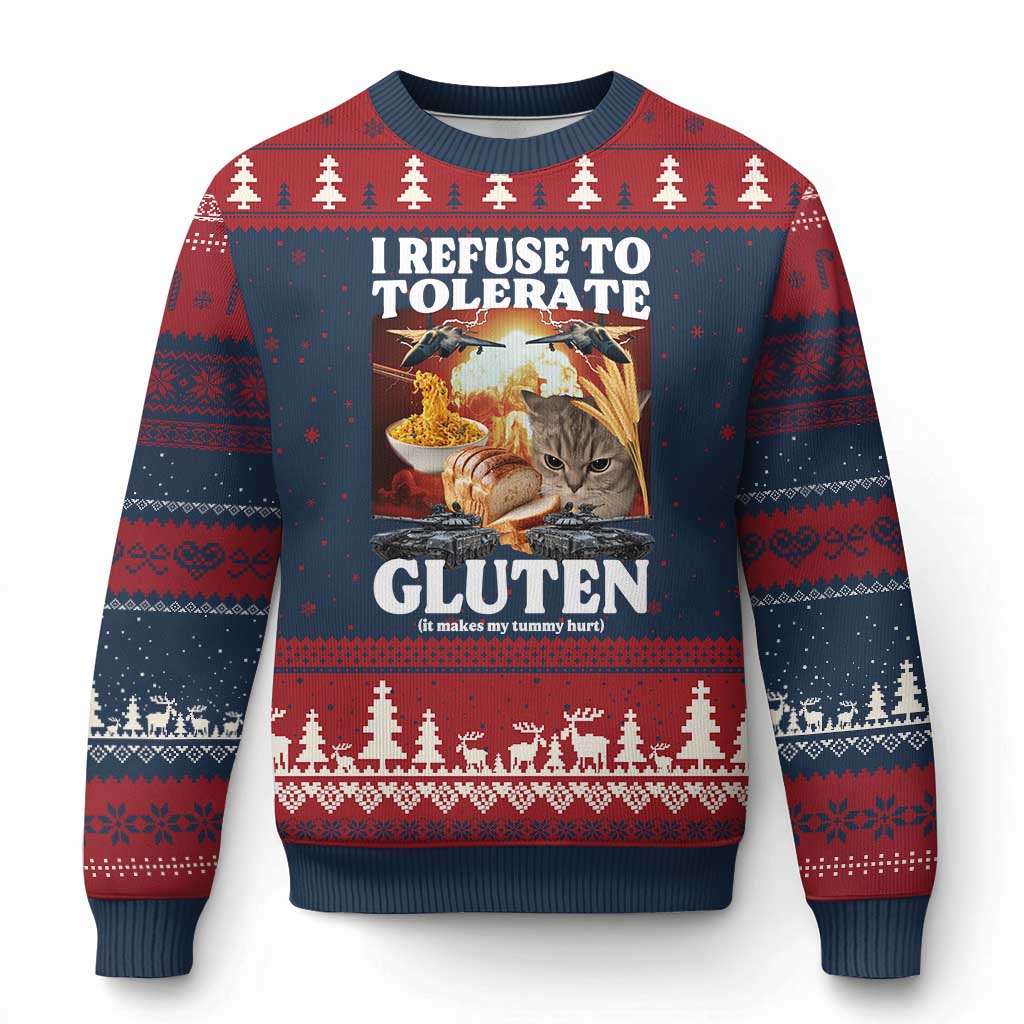 Gluten Intolerance Cat Meme Ugly Christmas Sweater I Refuse To Tolerate Gluten TS10 Navy Red Print Your Wear