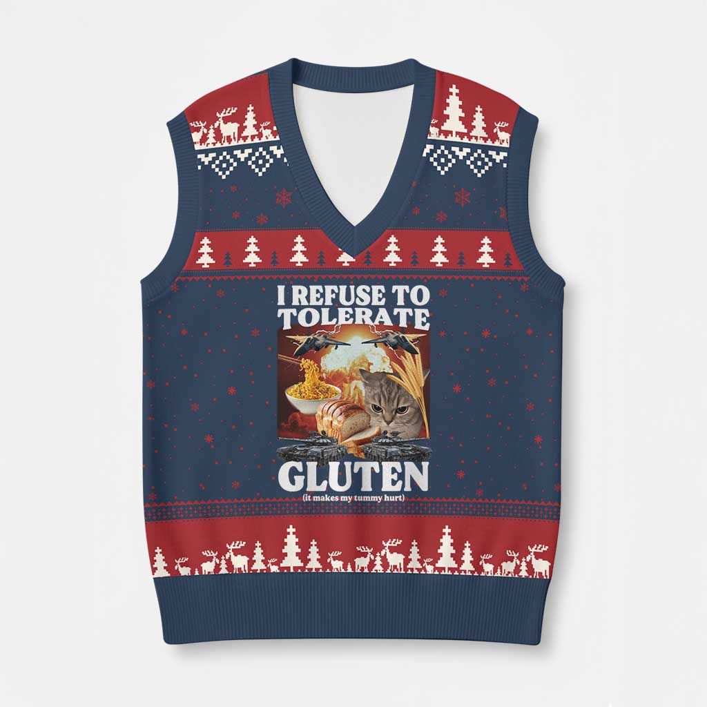 Gluten Intolerance Cat Meme V-Neck Knit Sweater Vest I Refuse To Tolerate Gluten TS10 Navy Red Print Your Wear