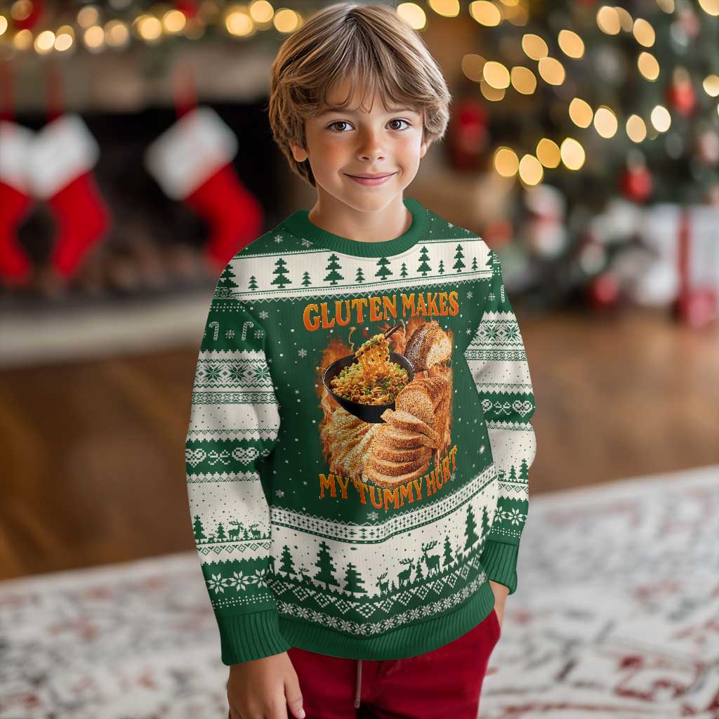 Funny Gluten Free Ugly Christmas Sweater Gluten Makes My Tummy Hurt Vintage Bootleg Graphic TS10 Forest Green Beige Print Your Wear