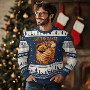 Funny Gluten Free Ugly Christmas Sweater Gluten Makes My Tummy Hurt Vintage Bootleg Graphic TS10 Navy Beige Print Your Wear