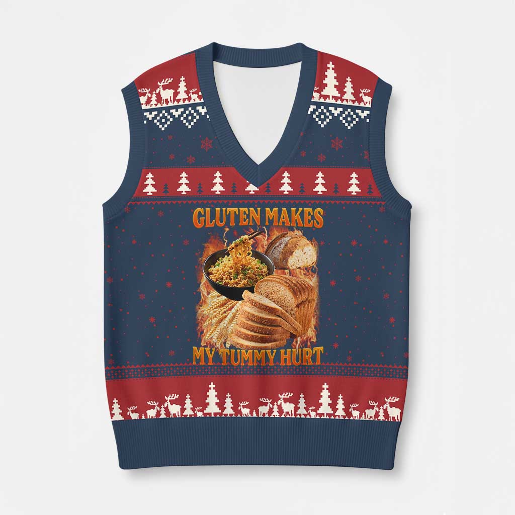 Funny Gluten Free V-Neck Knit Sweater Vest Gluten Makes My Tummy Hurt Vintage Bootleg Graphic TS10 Navy Red Print Your Wear