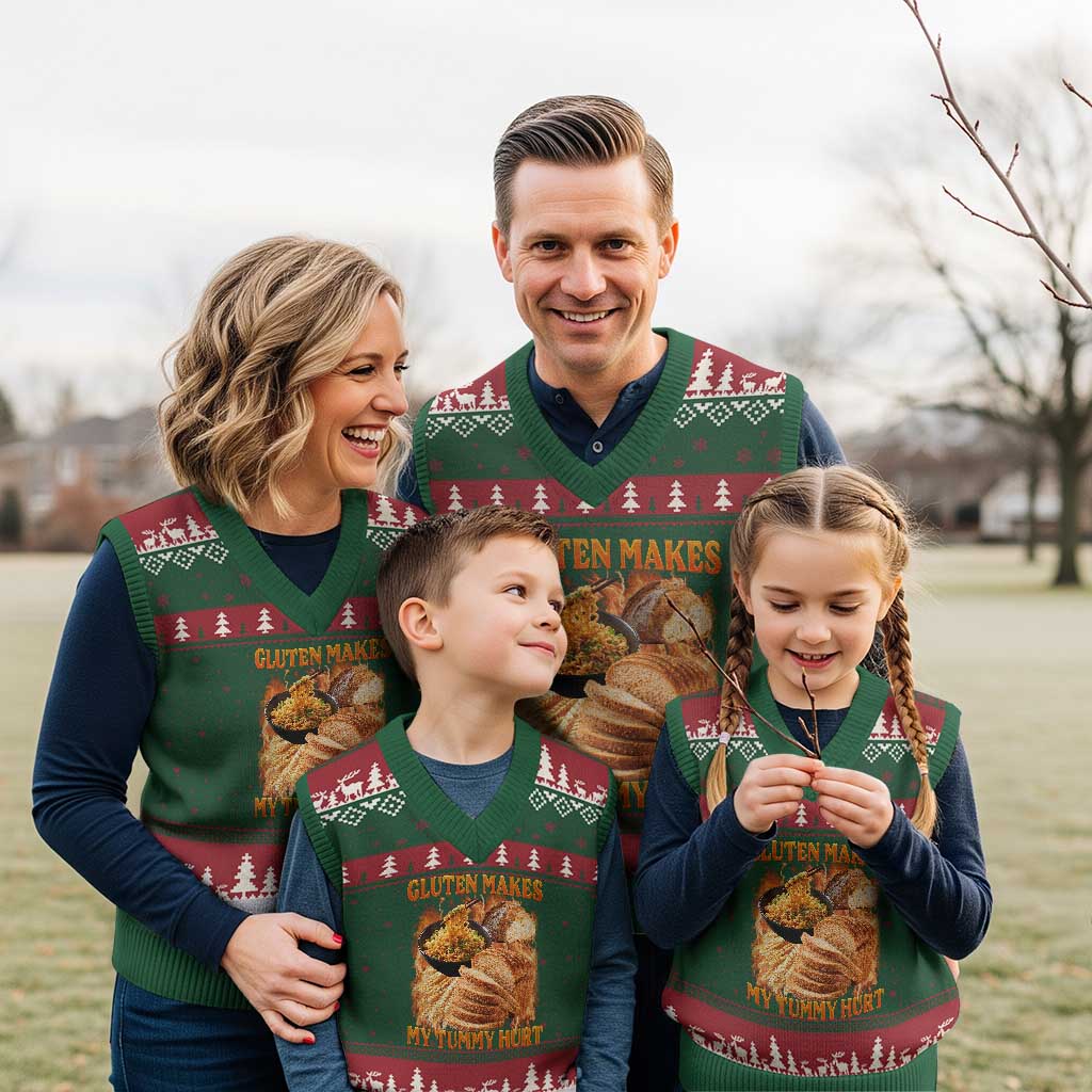 Funny Gluten Free V-Neck Knit Sweater Vest Gluten Makes My Tummy Hurt Vintage Bootleg Graphic TS10 Red Green Print Your Wear