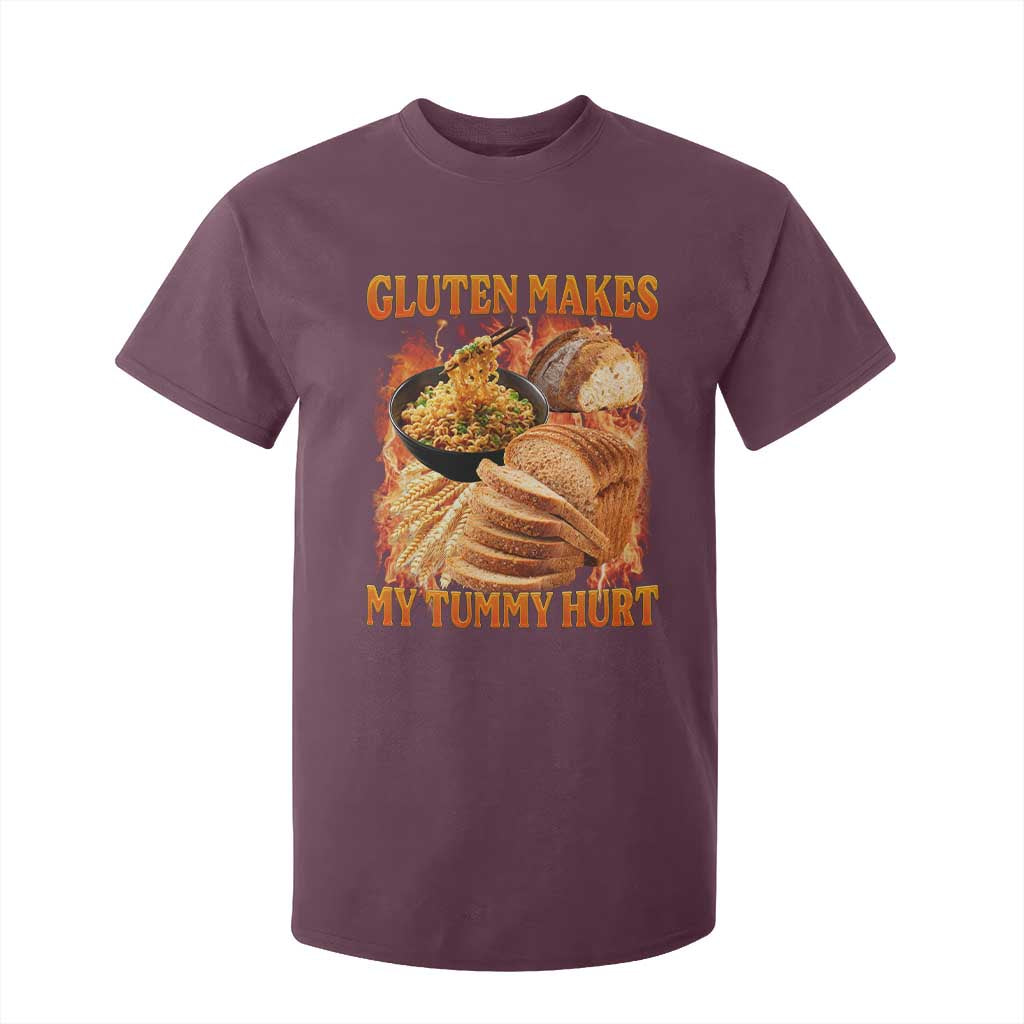 Funny Gluten Free T Shirt For Kid Gluten Makes My Tummy Hurt Vintage Bootleg Graphic TS10 Maroon Print Your Wear