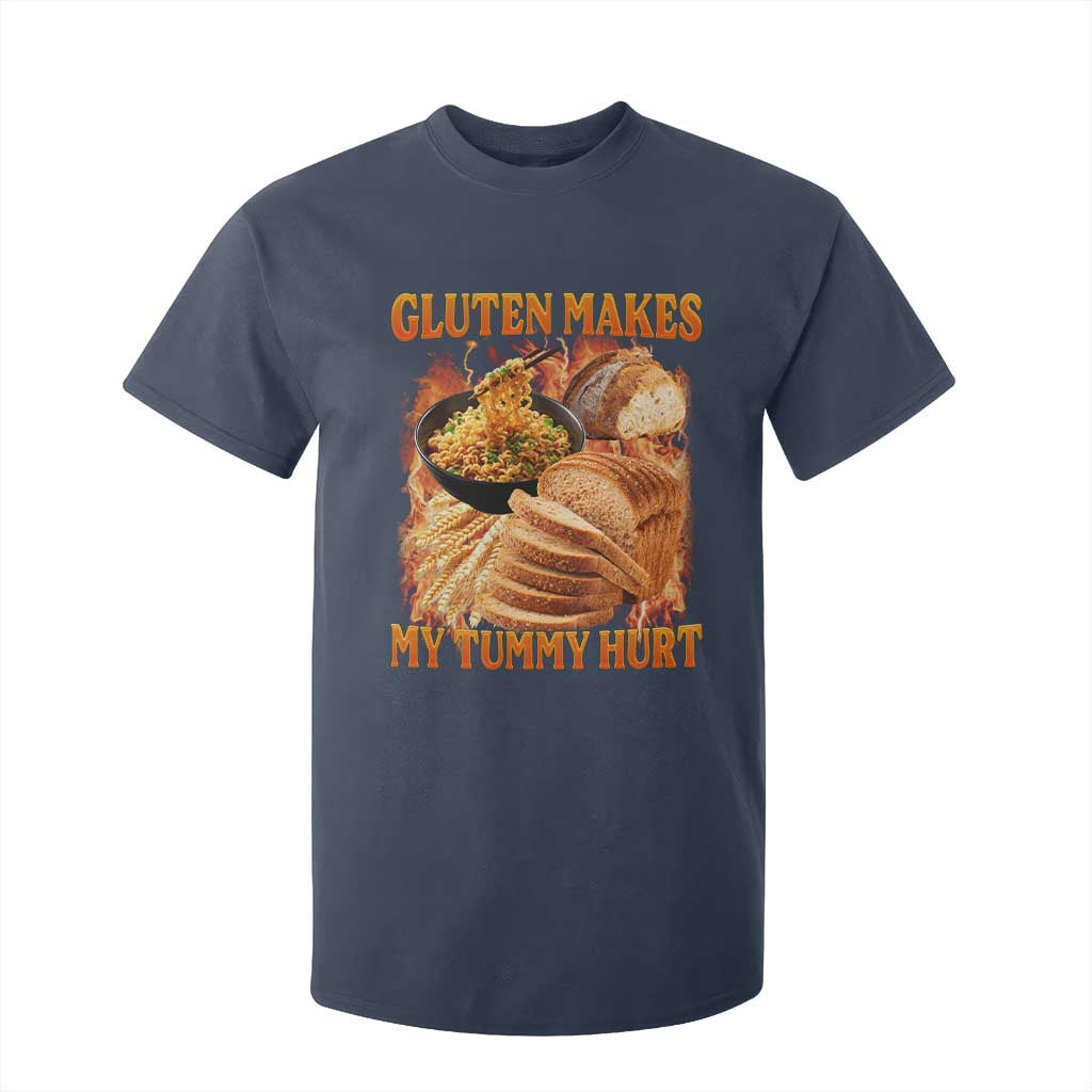 Funny Gluten Free T Shirt For Kid Gluten Makes My Tummy Hurt Vintage Bootleg Graphic TS10 Navy Print Your Wear