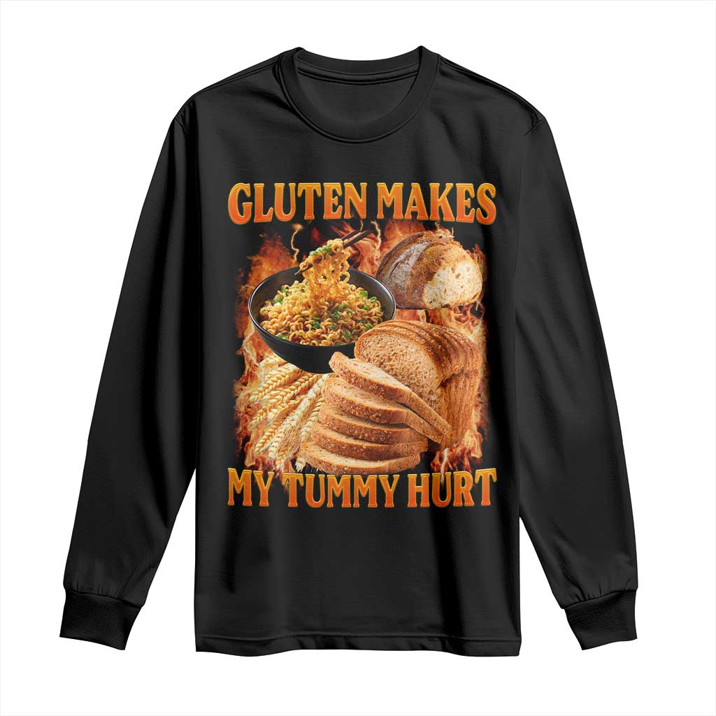Funny Gluten Free Long Sleeve Shirt Gluten Makes My Tummy Hurt Vintage Bootleg Graphic TS10 Black Print Your Wear