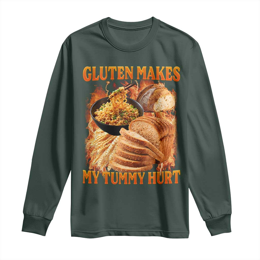 Funny Gluten Free Long Sleeve Shirt Gluten Makes My Tummy Hurt Vintage Bootleg Graphic TS10 Dark Forest Green Print Your Wear