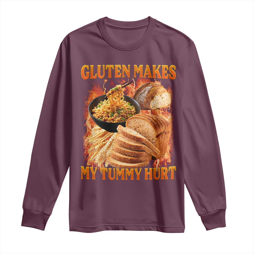 Funny Gluten Free Long Sleeve Shirt Gluten Makes My Tummy Hurt Vintage Bootleg Graphic TS10 Maroon Print Your Wear