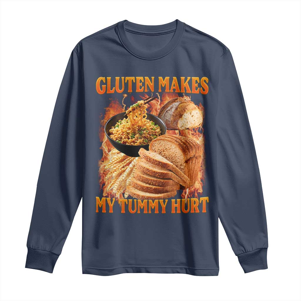 Funny Gluten Free Long Sleeve Shirt Gluten Makes My Tummy Hurt Vintage Bootleg Graphic TS10 Navy Print Your Wear
