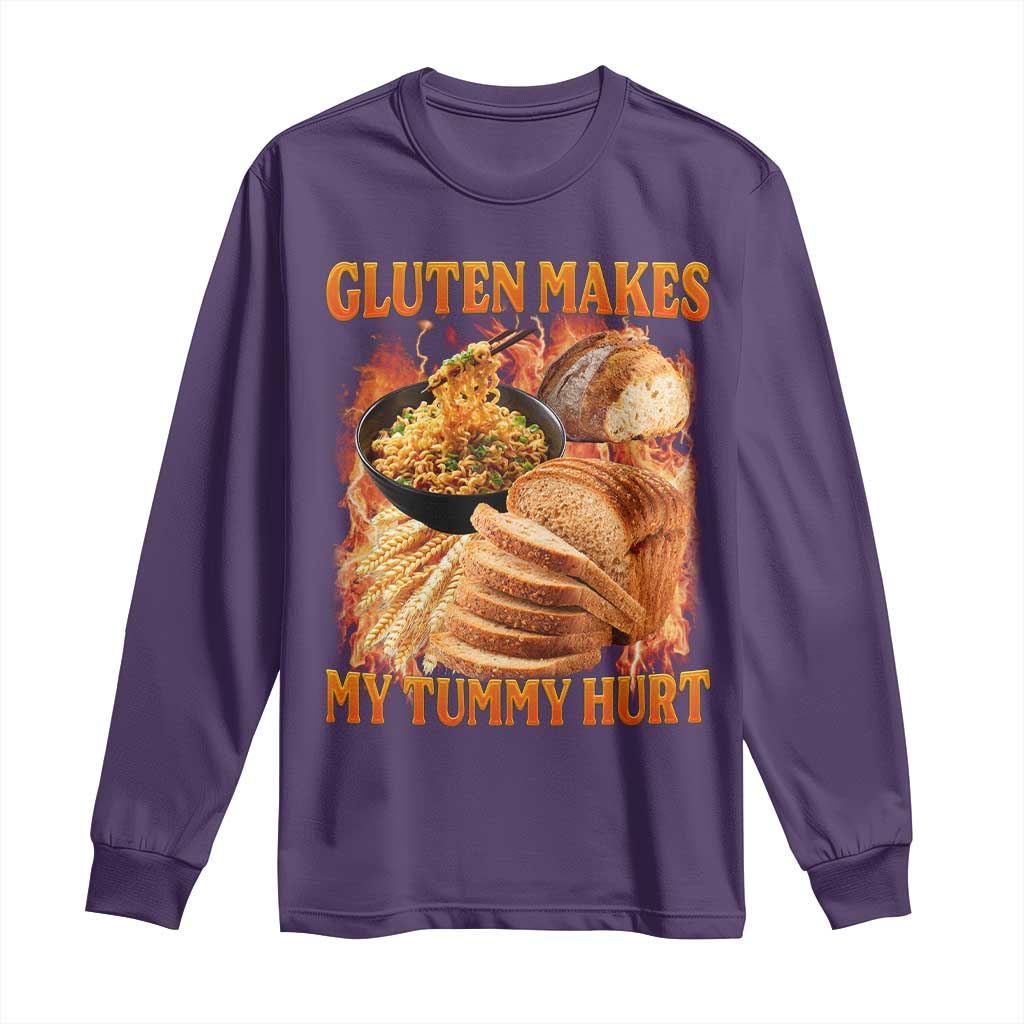 Funny Gluten Free Long Sleeve Shirt Gluten Makes My Tummy Hurt Vintage Bootleg Graphic TS10 Purple Print Your Wear