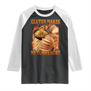 Funny Gluten Free Raglan Shirt Gluten Makes My Tummy Hurt Vintage Bootleg Graphic TS10 Black White Print Your Wear