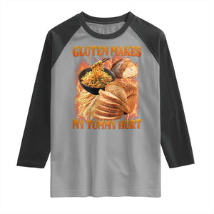 Funny Gluten Free Raglan Shirt Gluten Makes My Tummy Hurt Vintage Bootleg Graphic TS10 Sport Gray Black Print Your Wear