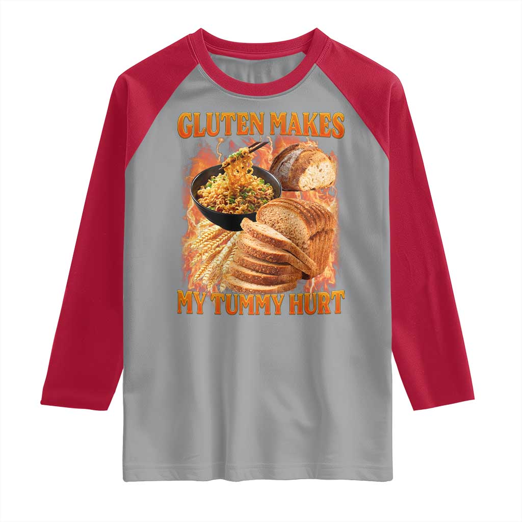 Funny Gluten Free Raglan Shirt Gluten Makes My Tummy Hurt Vintage Bootleg Graphic TS10 Sport Gray Red Print Your Wear