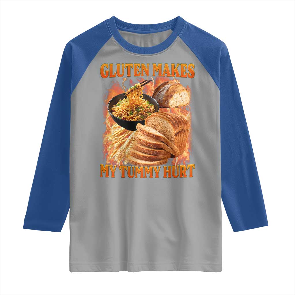 Funny Gluten Free Raglan Shirt Gluten Makes My Tummy Hurt Vintage Bootleg Graphic TS10 Sport Gray Royal Print Your Wear