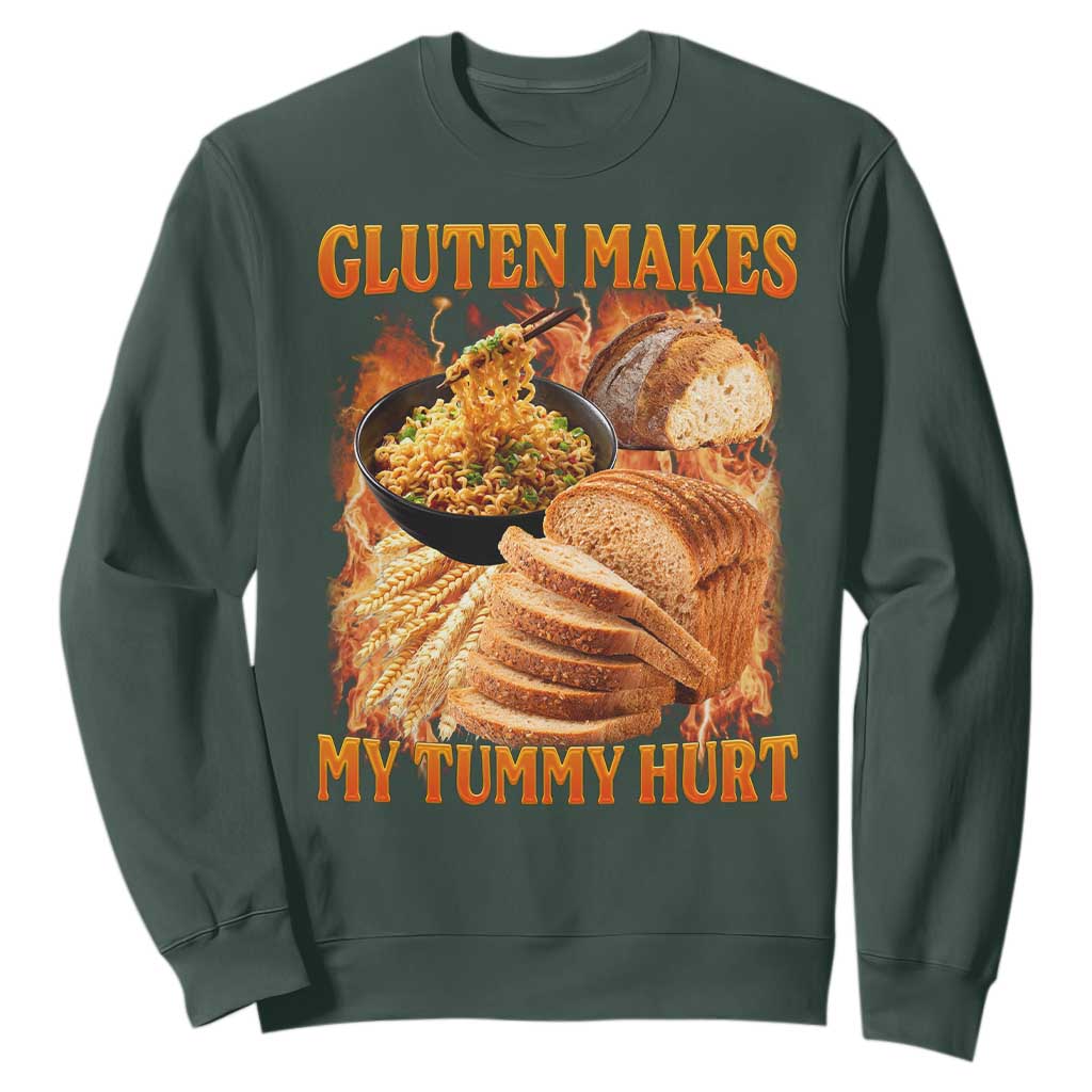 Funny Gluten Free Sweatshirt Gluten Makes My Tummy Hurt Vintage Bootleg Graphic TS10 Dark Forest Green Print Your Wear