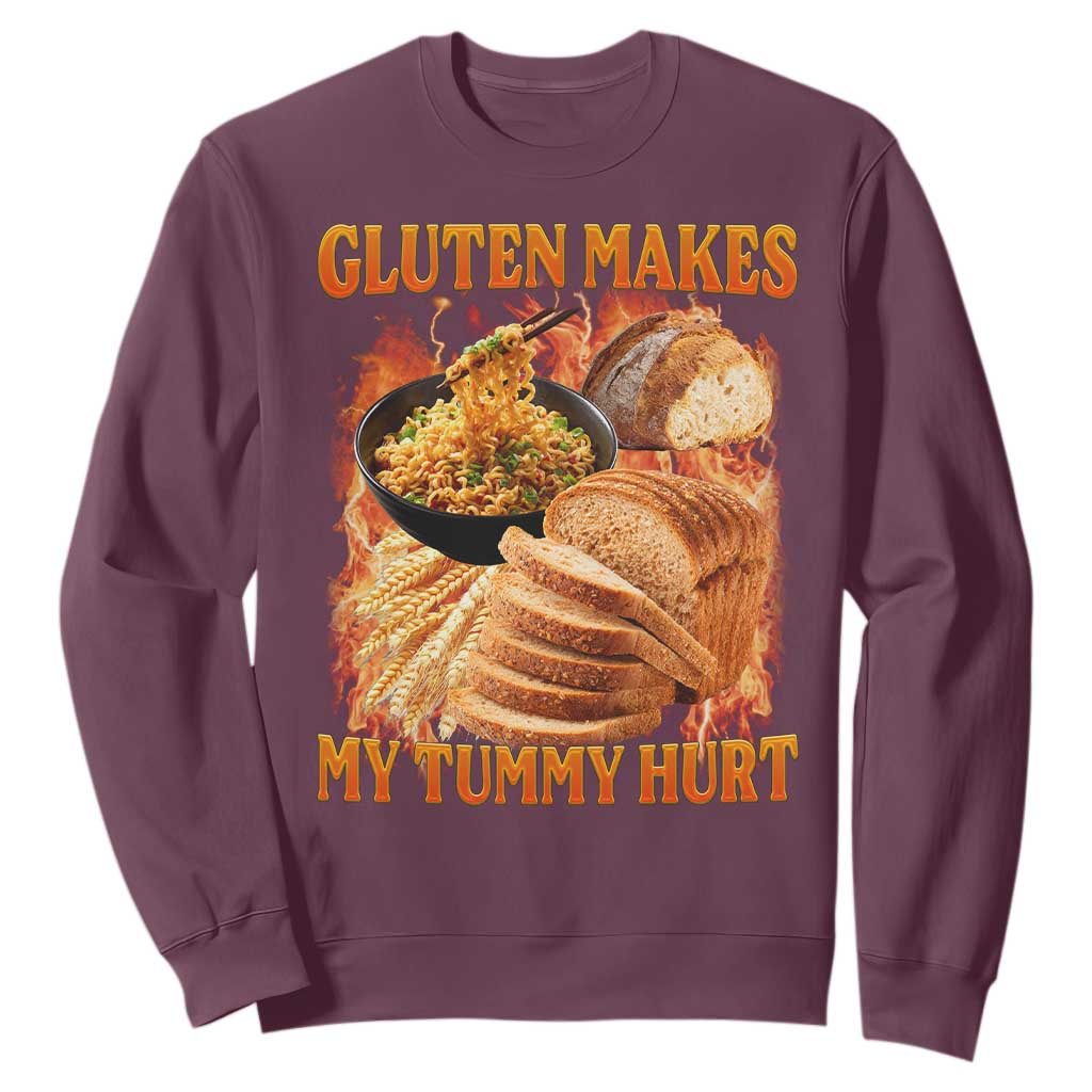 Funny Gluten Free Sweatshirt Gluten Makes My Tummy Hurt Vintage Bootleg Graphic TS10 Maroon Print Your Wear