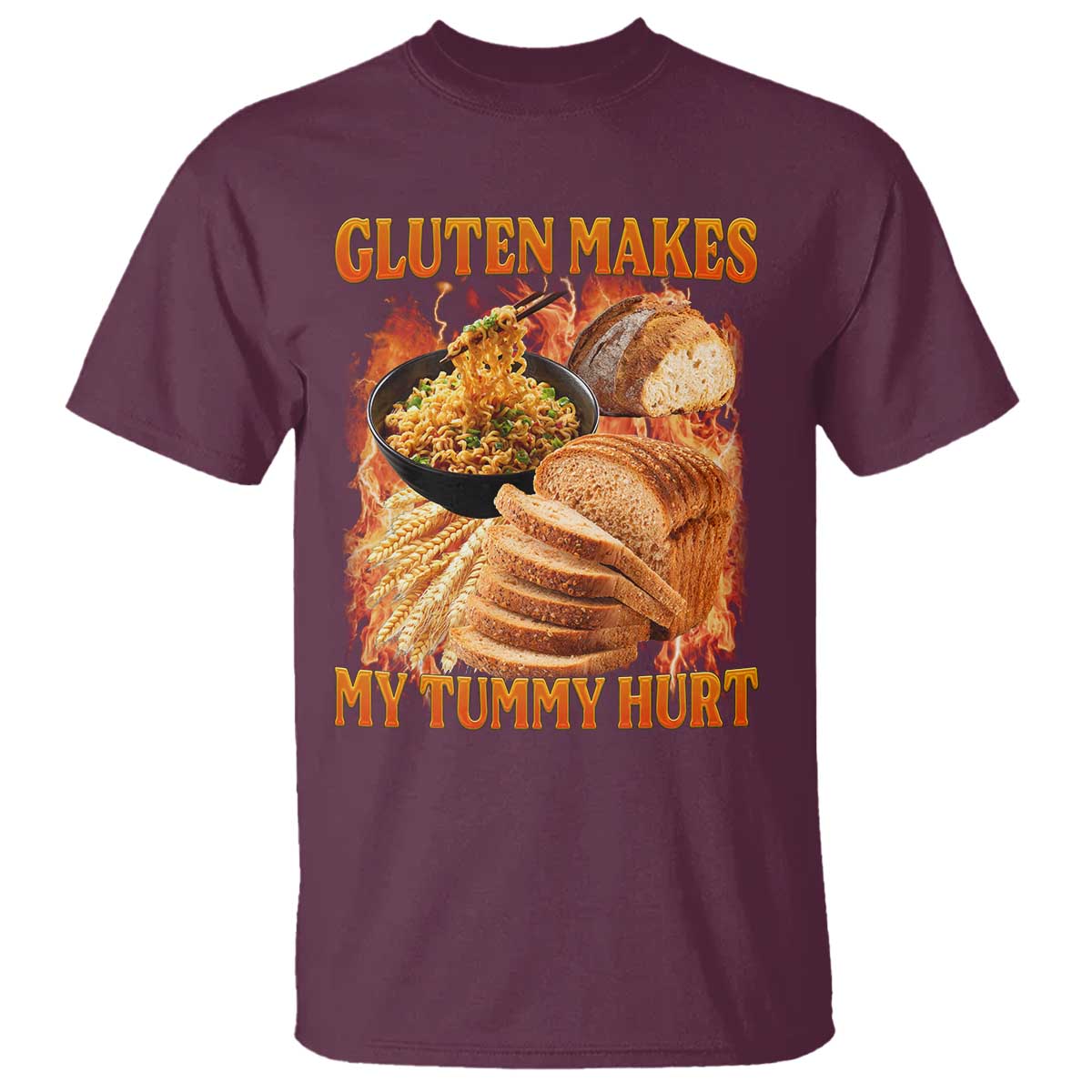 Funny Gluten Free T Shirt Gluten Makes My Tummy Hurt Vintage Bootleg Graphic TS10 Maroon Print Your Wear
